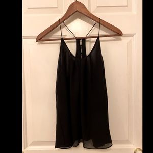 Black silk crepe-like high neck strapless top with button back